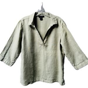Tahari Loose Boxy Pullover Top Women Medium 100% Linen 3/4 Sleeve V-Neck Green